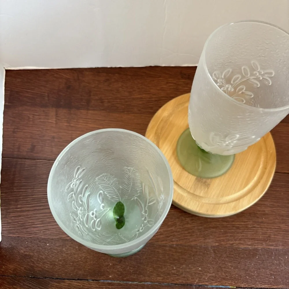 2 Pfaltzgraff Winterwood‎ Frosted Embossed Glass Iced Tea Water Goblet Stem NWT